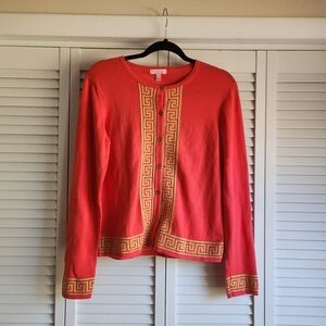 Lilly Pulitzer button down sweater top with Gold Greek Key Trim